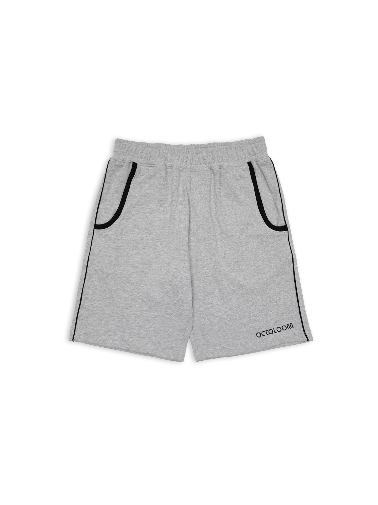 Gray shorts with black accents on a white background