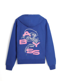 Blue hoodie with 'ABYSS' graphic on the back against a white background